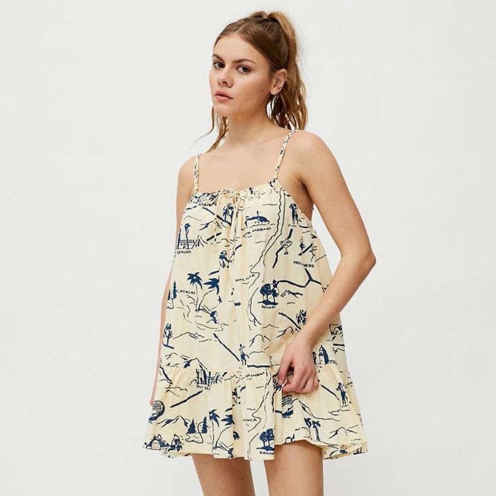 Urban Outfitters UO Nova Ruffle Frock Dress Yellow Mini Dress Tunic Map Print